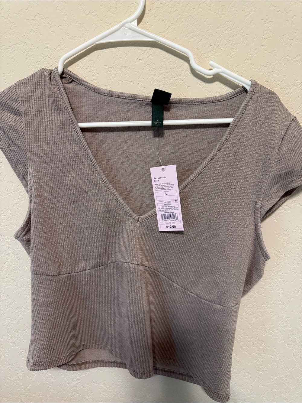 wild fable Taupe Ribbed V-Neck Cropped Top